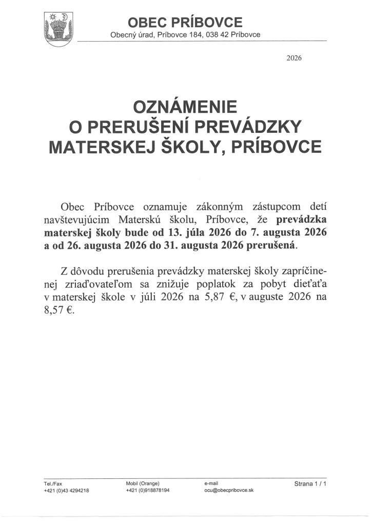 Oznámenie o prerušení prevádzky MŠ