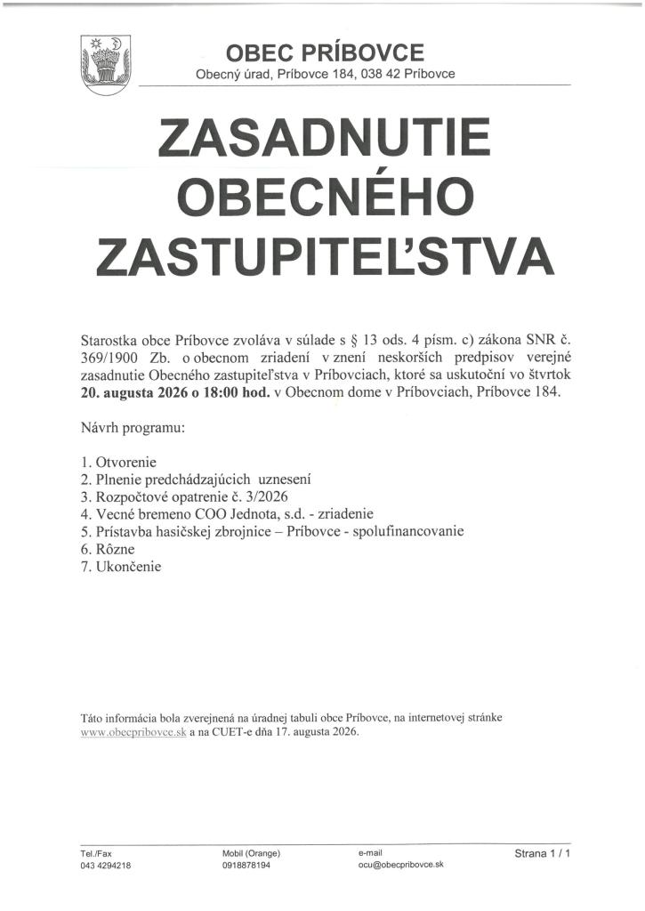 Zasadnutie zastupiteľstva - 20.08.2026 - pozvánka ZMENA