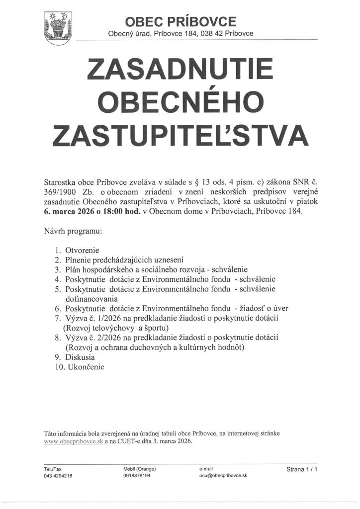 Program zastupiteľstva 6.3.2026