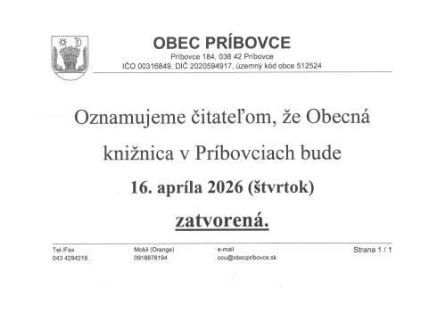 Oznam - knižnica zatvorená