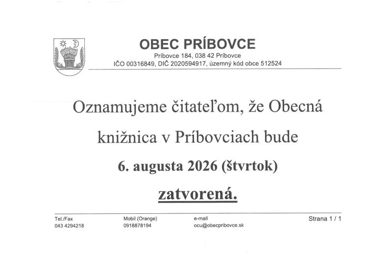Obecná knižnica - zatvorená 6.8.2026