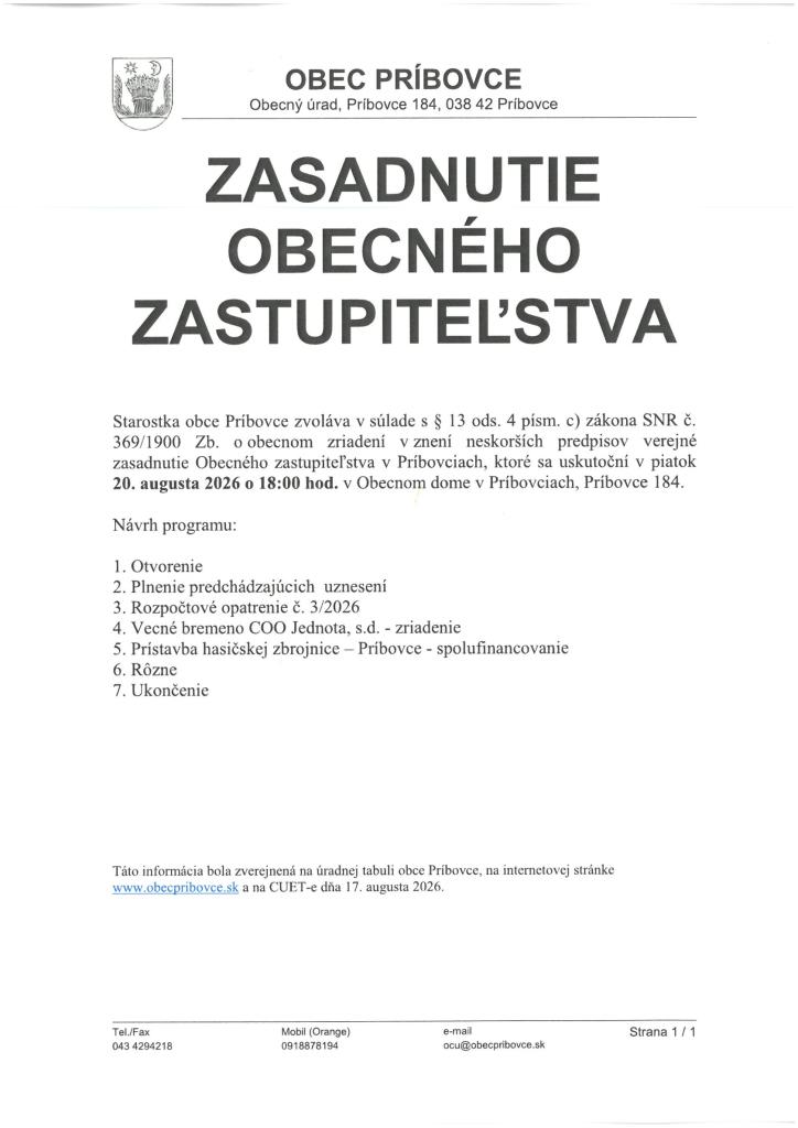 Zasadnutie zastupiteľstva - 20.08.2026 - ZMENA